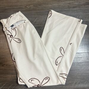 SHEIN Cream Pants with Brown Floral Design